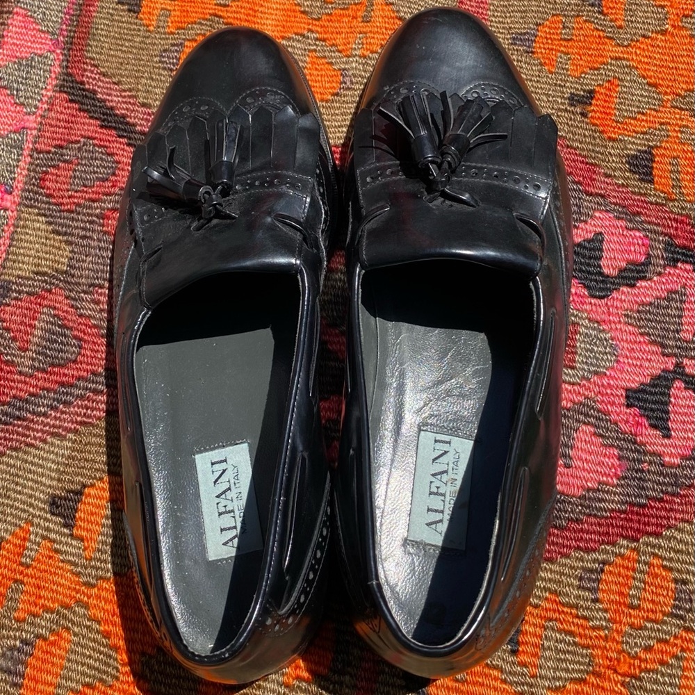 Vintage 90s Alfani Men’s 9.5 M Black Brogue Tassel Leather Loafers Made In Italy